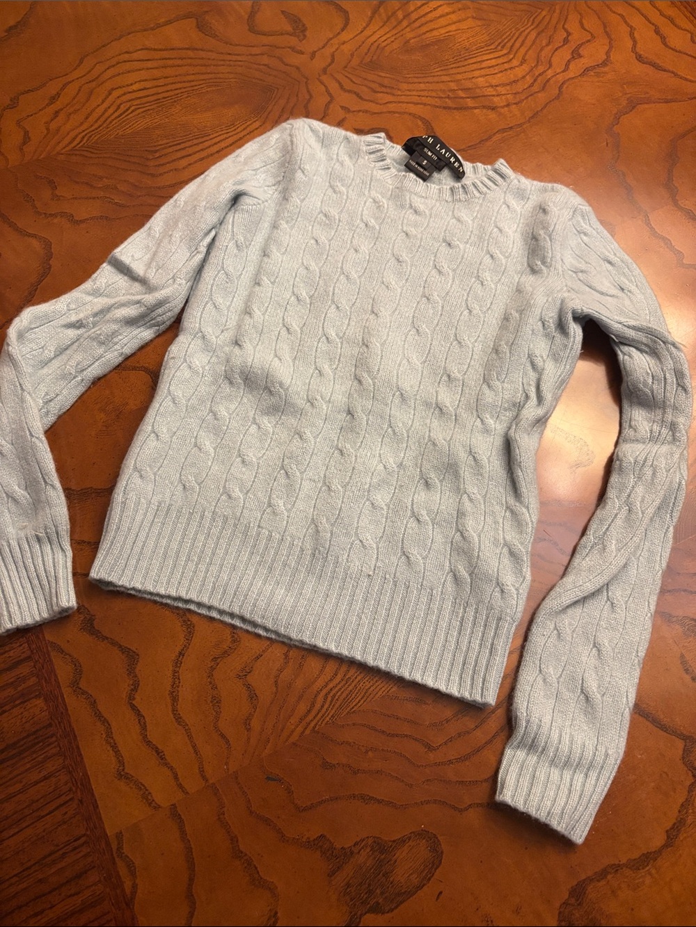Ralph Lauren Pale Blue Cashmere Cable Knit Crewneck Sweater Small - Picture 3 of 9